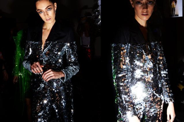 Silver paillettes backstage at Christian Cowan Fall 2018. Photography by Alexander Thompson for Ponyboy magazine.