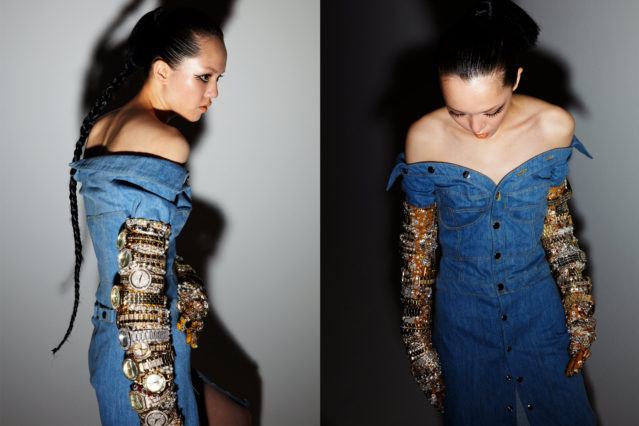 Denim dress with watch sleeves backstage at Christian Cowan for Fall 2018. Photography by Alexander Thompson for Ponyboy magazine.