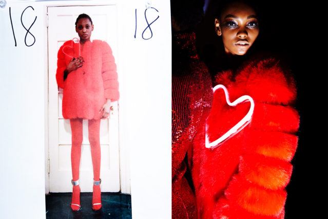 Look 18 backstage at Christian Cowan for Fall 2018. Photographed by Alexander Thompson for Ponyboy magazine.