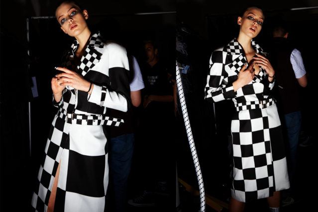 A B&W op-art trench backstage at Christian Cowan for Fall 2018. Photography by Alexander Thompson for Ponyboy magazine.
