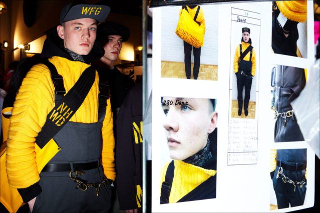 Backstage card of Denis at the N. Hoolywood menswear show for Fall 2018. Photography by Alexander Thompson for Ponyboy magazine.