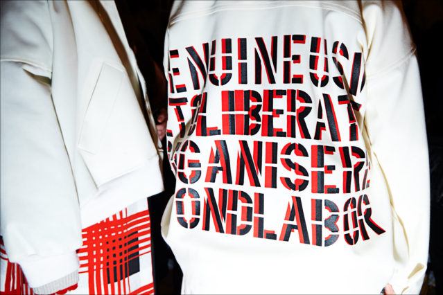Stenciled lettering on menswear backstage at N. Hoolywood for Fall 2018. Photography by Alexander Thompson for Ponyboy magazine.