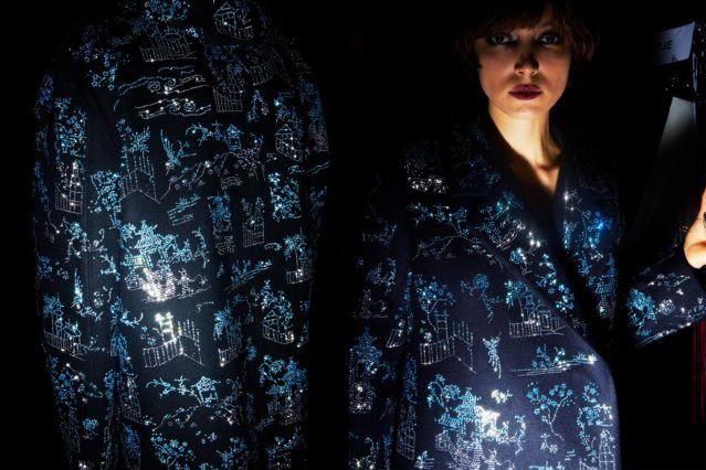 A rhinestoned pagoda print look backstage at Libertine Fall 2018. Photography by Alexander Thompson for Ponyboy magazine.