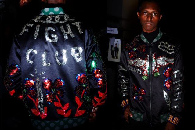 Sequined Fight Club jacket photographed backstage on a male model at Libertine for Fall 2018. Photography by Alexander Thompson for Ponyboy magazine.