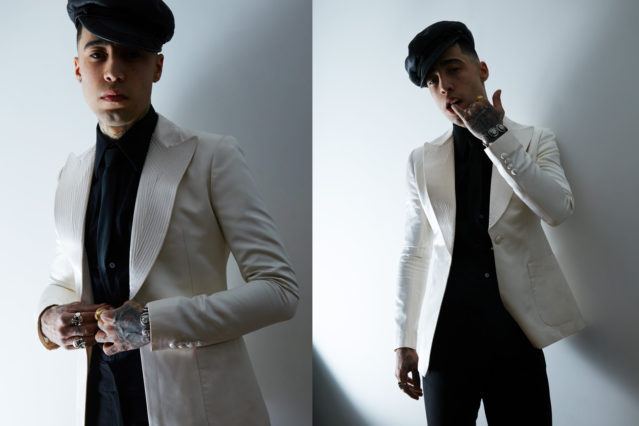 Isa Tineo, from the band Beechwood, wears a custom Amber Doyle suit jacket. Photographed by Alexander Thompson for Ponyboy magazine.