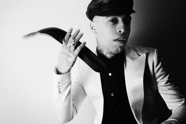 Isa Tineo, drummer from the band Beechwood, wears a custom Amber Doyle suit jacket. Photographed by Alexander Thompson for Ponyboy magazine.