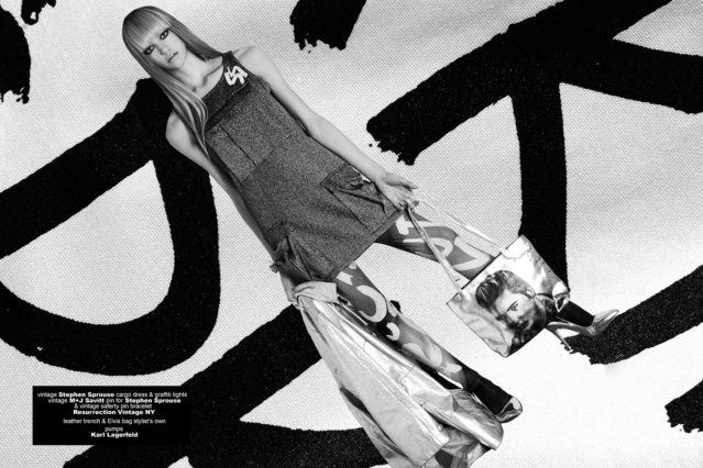 Wilhelmina model Jamie Vogt photographed in a vintage 80s Stephen Sprouse metallic cargo dress and graffiti tights. Photography by Alexander Thompson for Ponyboy magazine.