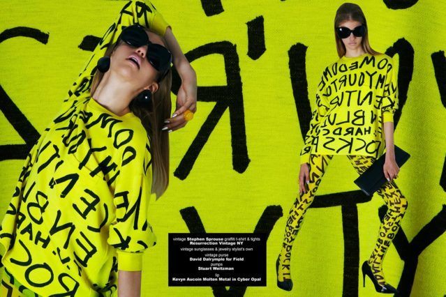 Wilhelmina model Jamie Vogt photographed in a vintage 80s Stephen Sprouse graffiti t-shirt and tights. Photography by Alexander Thompson for Ponyboy magazine.
