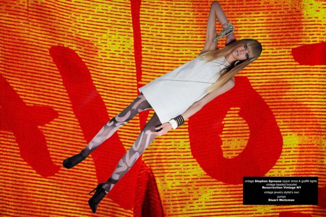 Wilhelmina model Jamie Vogt photographed in a vintage 80s Stephen Sprouse zipper dress and graffiti tights. Photography by Alexander Thompson for Ponyboy magazine.