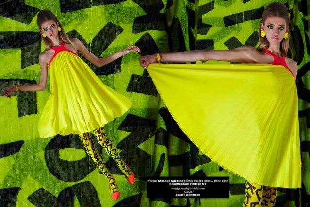 Wilhelmina model Jamie Vogt photographed in a vintage 80s Stephen Sprouse day-glo trapeze dress and graffiti tights. Photography by Alexander Thompson for Ponyboy magazine.