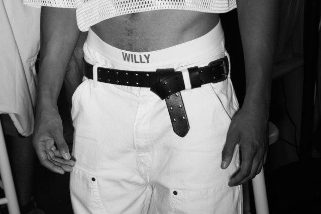 Detail shot of a belted look backstage at the Willy Chavarria Spring 2019 menswear show. Photography by Alexander Thompson for Ponyboy magazine.