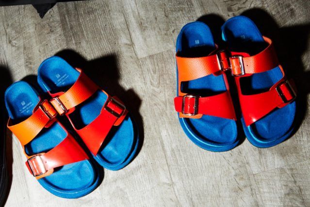 Brightly colored sandals photographed backstage at the N. Hoolywood Spring 2019 menswear show. Photographed by Alexander Thompson for Ponyboy magazine.
