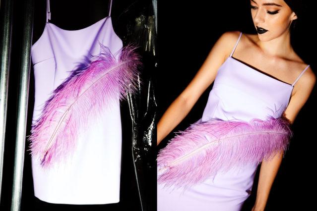 Mini dress with feather detail backstage at Christian Cowan for Spring/Summer 2019. Photography by Alexander Thompson for Ponyboy magazine.