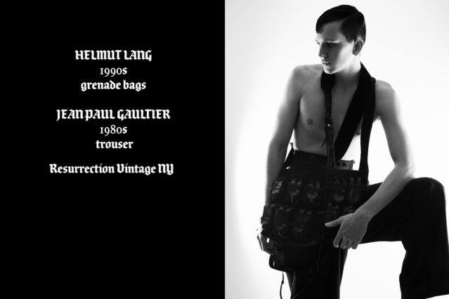 Model Brian Cunningham photographed with vintage Helmut Lang grenade bags by Alexander Thompson for Ponyboy magazine.
