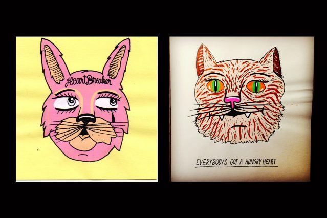 Drawings of a rabbit and cat by Pacolli. Ponyboy magazine.