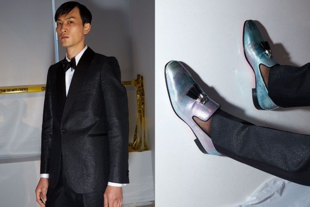 A tuxedo & Christian Louboutin loafers backstage at David Hart Spring 2020 menswear collection. Photography by Alexander Thompson for Ponyboy magazine.