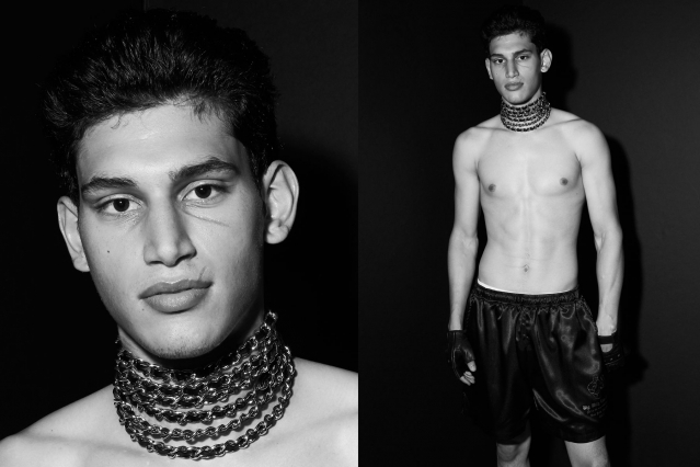Male model/boxer Alexis Chapparo photographed backstage at the Willy Chavarria S/S 2020 show. Photography by Alexander Thompson for Ponyboy magazine.