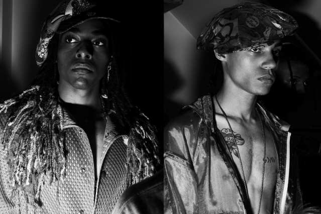 B&W images of male models backstage at Fix & Fax by Katya Leonovich. Spring 2020. Photography by Alexander Thompson for Ponyboy magazine.