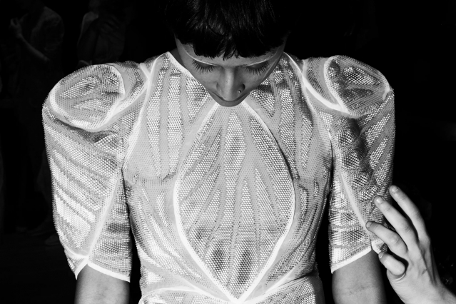 Details of a dress backstage at the threeASFOUR Spring/Summer 2020 runway show. Photographed by Alexander Thompson for Ponyboy magazine.