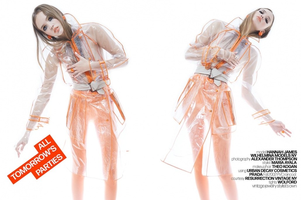 Model Hannah James photographed in a vintage Prada raincoat by Alexander Thompson for Ponyboy magazine.