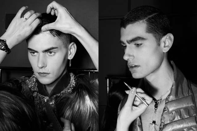 Male models get their makeup retouched backstage at the Fix & Fax show for Fall 2020 at Pier 59 Studios. Photography by Alexander Thompson for Ponyboy magazine.