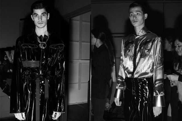 Male models photographed in vinyl looks backstage at the Fix & Fax show for Fall 2020 at Pier 59 Studios. Photography by Alexander Thompson for Ponyboy magazine.