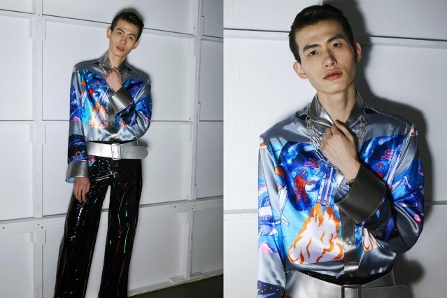 A male model photographed in a colorful satin shirt backstage at the Fix & Fax show for Fall 2020 at Pier 59 Studios. Photography by Alexander Thompson for Ponyboy magazine.