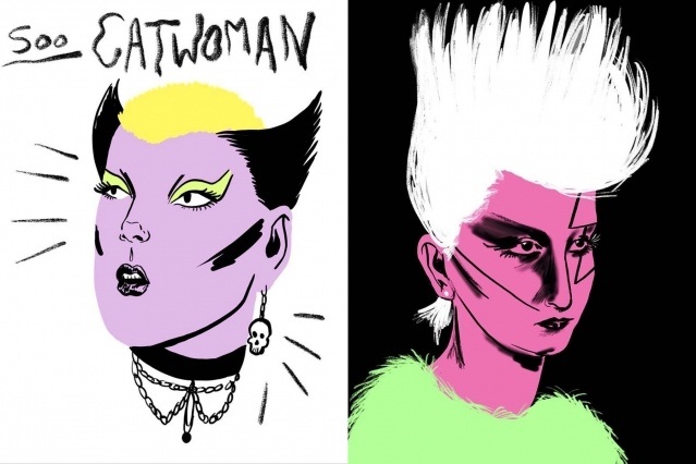 Punk illustrations of Soo Catwoman and Jordan by artist Ruth Mora. Ponyboy magazine.