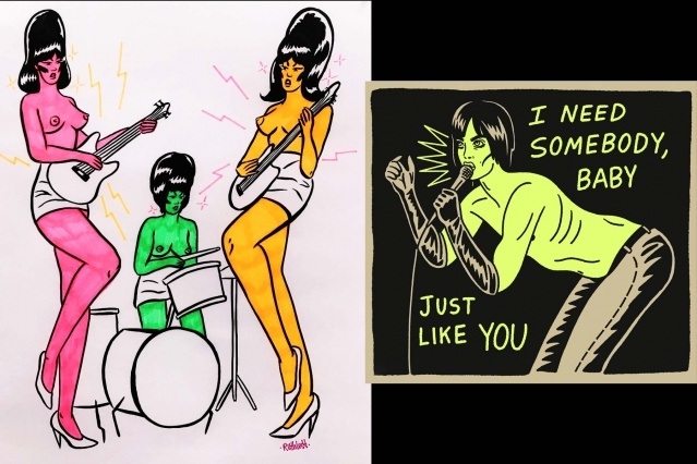 Illustrations of Girl Group and Iggy pop by artist Ruth Mora. Ponyboy magazine.