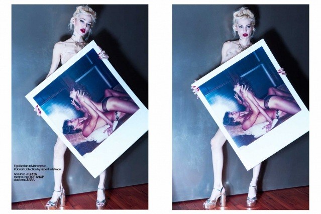 Model Kirra Hughes photographed by Alexander Thompson with an oversized polaroid for Ponyboy magazine.