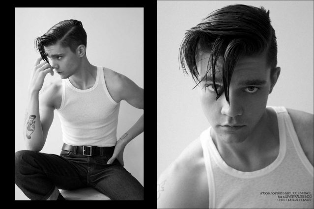 Model Wyatt Cooper from Crawford Models for Ponyboy magazine. Photography by Alexander Thompson. Spread #1.
