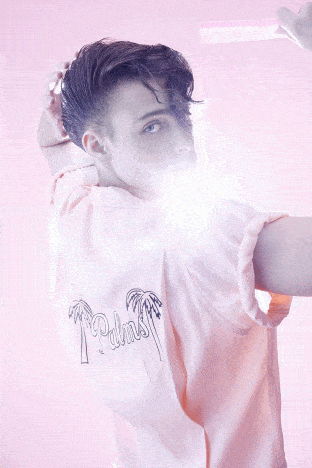 Model Jack Hilderhoff photographed for Ponyboy magazine by Alexander Thompson in New York City. GIF pink.