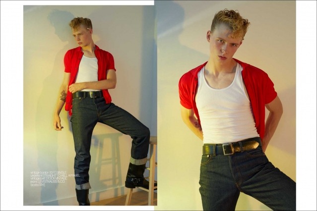 Model Keegan Buckthorpe photographed for Ponyboy by Alexander Thompson. Spread 1.