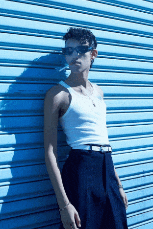 Model Milton Ami from Union Management for Ponyboy. Photographed by Alexander Thompson. GIF.