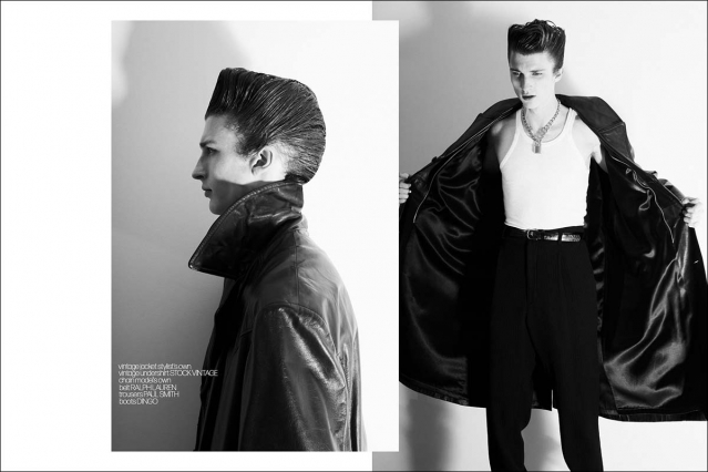 Actor/Model Louis Kehoe photographed for Ponyboy by Alexander Thompson in New Yorjk City. Spread 5.