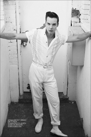Model Nick Giaccone from Coven Management for Ponyboy. Photography by Alexander Thompson. Look 10.