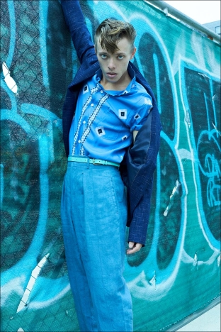 Model/actor/musician Carter McNeil photographed for Ponyboy by Alexander Thompson in New York City. Look 7.
