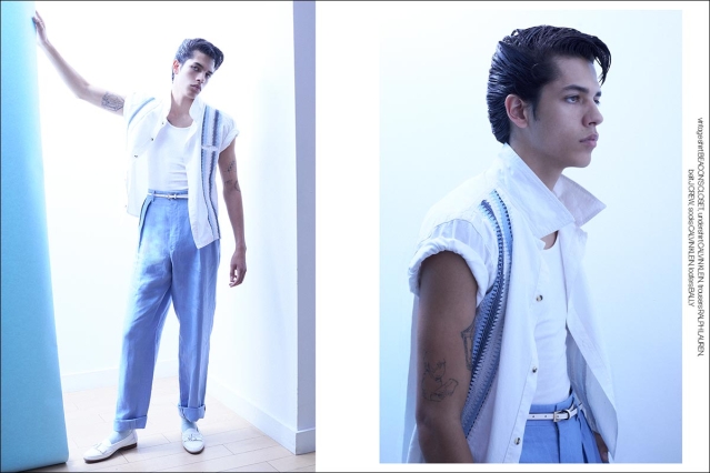 Model Emiliano Cruz-Marsted from State Management. Photographed for Ponyboy by Alexander Thompson. Spread 5.