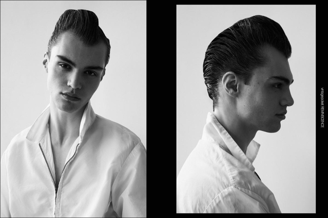 Model Aiden Neeper from Crawford Models. Photographed for Ponyboy by Alexander Thompson. Spread 1.