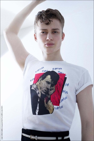 Model Ox Hirt from Two Management in New York City. Photographed for Ponyboy by Alexander Thompson. Look 6.