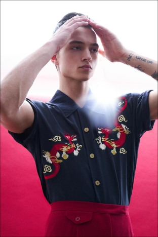 Model Brayden Reeder from Muse Management. Photographed for Ponyboy by Alexander Thompson in New York City. Look 6.