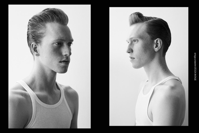 Model Calder Tillinghast from Christophe Creative. Photographed for Ponyboy by Alexander Thompson in New York City. Spread 1.