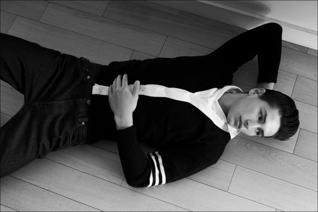 Model Ethan Elfont from Muse Management. Photographed for Ponyboy by Alexander Thompson in New York City. Look 11 - 1.