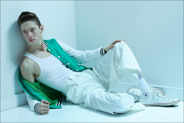 Model Robert Stewart from Crawford Models. Photographed for Ponyboy by Alexander Thompson in New York City. Look 2.