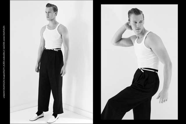 Model Wyatt Gillespie from Crawford Models. Photographed for Ponyboy by Alexander Thompson in New York City. Spread 1.