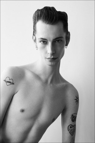 Model THADDEUS from unite unite. Photographed for Ponyboy by Alexander Thompson in New York City. Look 1.