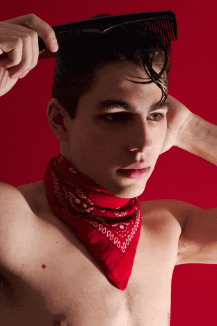 Model Thomas Prendergast from Christophe Creative. Photographed for Ponyboy by Alexander Thompson in New York City. GIF.