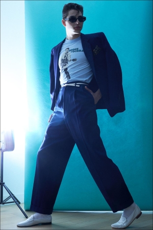 Model Thomas Prendergast from Christophe Creative. Photographed for Ponyboy by Alexander Thompson in New York City. Look 9.