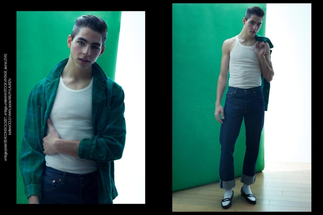 Model Thomas Prendergast from Christophe Creative. Photographed for Ponyboy by Alexander Thompson in New York City. Spread 1.