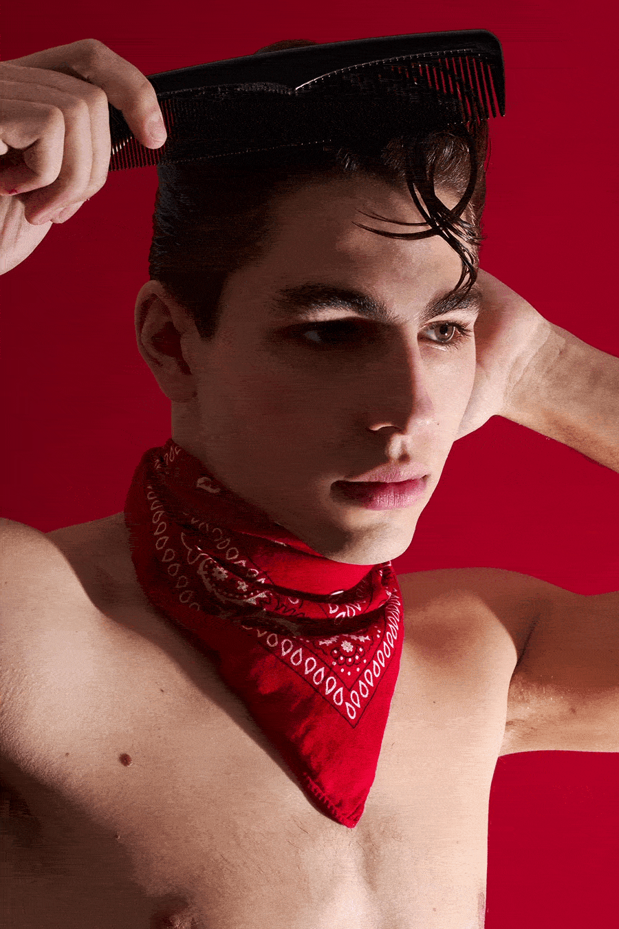 Model Thomas Prendergast from Christophe Creative. Photographed for Ponyboy by Alexander Thompson in New York City. GIF.